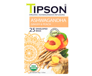 Tipson Ashwagandha Ginger & Peach – organiczna mieszanka rumianku, ashwagandhy, trawy cytrynowej, imbiru, cytryny, werbeny oraz naturalnego aromatu brzoskwini. Kopertowane saszetki zostały umieszczone w opakowaniu ozdobionym grafiką brzoskwiń  i przypraw.