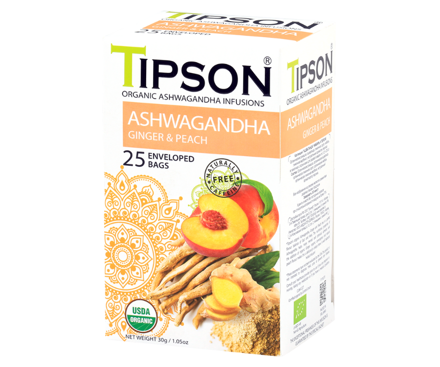 Tipson Ashwagandha Ginger & Peach – organiczna mieszanka rumianku, ashwagandhy, trawy cytrynowej, imbiru, cytryny, werbeny oraz naturalnego aromatu brzoskwini. Kopertowane saszetki zostały umieszczone w opakowaniu ozdobionym grafiką brzoskwiń  i przypraw.