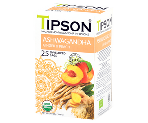 Tipson Ashwagandha Ginger & Peach – organiczna mieszanka rumianku, ashwagandhy, trawy cytrynowej, imbiru, cytryny, werbeny oraz naturalnego aromatu brzoskwini. Kopertowane saszetki zostały umieszczone w opakowaniu ozdobionym grafiką brzoskwiń  i przypraw.