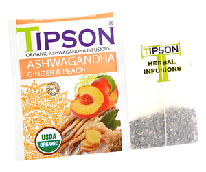 Tipson Ashwagandha Ginger & Peach – organiczna mieszanka rumianku, ashwagandhy, trawy cytrynowej, imbiru, cytryny, werbeny oraz naturalnego aromatu brzoskwini. Kopertowane saszetki zostały umieszczone w opakowaniu ozdobionym grafiką brzoskwiń  i przypraw.