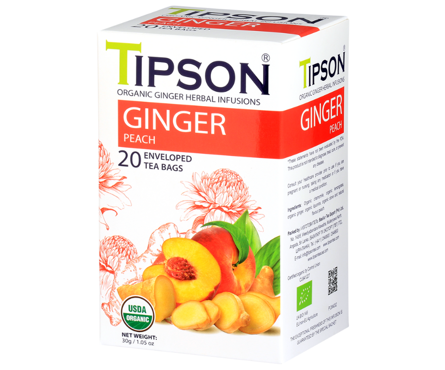 Tipson Ginger Peach – organiczna mieszanka rumianku, trawy cytrynowej, imbiru, lukrecji, goździków oraz naturalnego aromatu brzoskwini. Kopertowane saszetki zostały umieszczone w opakowaniu ozdobionym grafiką kwiatów, imbiru i brzoskwini.