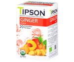 Tipson Ginger Peach – organiczna mieszanka rumianku, trawy cytrynowej, imbiru, lukrecji, goździków oraz naturalnego aromatu brzoskwini. Kopertowane saszetki zostały umieszczone w opakowaniu ozdobionym grafiką kwiatów, imbiru i brzoskwini.