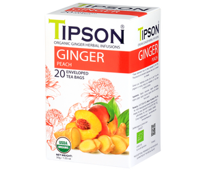 Tipson Ginger Peach – organiczna mieszanka rumianku, trawy cytrynowej, imbiru, lukrecji, goździków oraz naturalnego aromatu brzoskwini. Kopertowane saszetki zostały umieszczone w opakowaniu ozdobionym grafiką kwiatów, imbiru i brzoskwini.