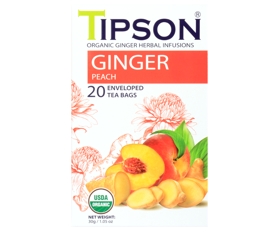 Tipson Ginger Peach – organiczna mieszanka rumianku, trawy cytrynowej, imbiru, lukrecji, goździków oraz naturalnego aromatu brzoskwini. Kopertowane saszetki zostały umieszczone w opakowaniu ozdobionym grafiką kwiatów, imbiru i brzoskwini.