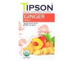 Tipson Ginger Peach – organiczna mieszanka rumianku, trawy cytrynowej, imbiru, lukrecji, goździków oraz naturalnego aromatu brzoskwini. Kopertowane saszetki zostały umieszczone w opakowaniu ozdobionym grafiką kwiatów, imbiru i brzoskwini.