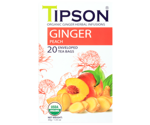 Tipson Ginger Peach – organiczna mieszanka rumianku, trawy cytrynowej, imbiru, lukrecji, goździków oraz naturalnego aromatu brzoskwini. Kopertowane saszetki zostały umieszczone w opakowaniu ozdobionym grafiką kwiatów, imbiru i brzoskwini.