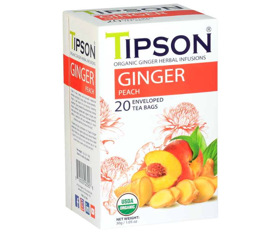 Tipson Ginger Peach – organiczna mieszanka rumianku, trawy cytrynowej, imbiru, lukrecji, goździków oraz naturalnego aromatu brzoskwini. Kopertowane saszetki zostały umieszczone w opakowaniu ozdobionym grafiką kwiatów, imbiru i brzoskwini.