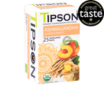 Tipson Ashwagandha Ginger & Peach – organiczna mieszanka rumianku, ashwagandhy, trawy cytrynowej, imbiru, cytryny, werbeny oraz naturalnego aromatu brzoskwini. Kopertowane saszetki zostały umieszczone w opakowaniu ozdobionym grafiką brzoskwiń  i przypraw.