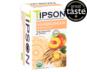 Tipson Ashwagandha Ginger & Peach – organiczna mieszanka rumianku, ashwagandhy, trawy cytrynowej, imbiru, cytryny, werbeny oraz naturalnego aromatu brzoskwini. Kopertowane saszetki zostały umieszczone w opakowaniu ozdobionym grafiką brzoskwiń  i przypraw.