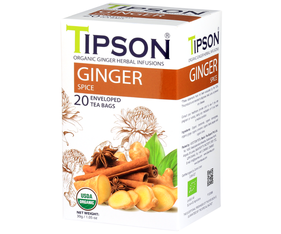 Tipson Ginger Spice – organiczna mieszanka rumianku, trawy cytrynowej, imbiru, cynamonu, czarnego pieprzu i goździków. Kopertowane saszetki zostały umieszczone w opakowaniu ozdobionym grafiką kwiatów i orientalnych przypraw.