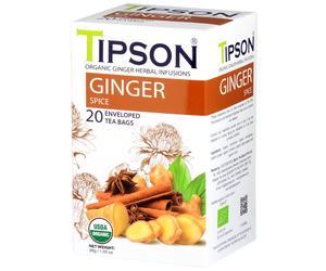 Tipson Ginger Spice – organiczna mieszanka rumianku, trawy cytrynowej, imbiru, cynamonu, czarnego pieprzu i goździków. Kopertowane saszetki zostały umieszczone w opakowaniu ozdobionym grafiką kwiatów i orientalnych przypraw.