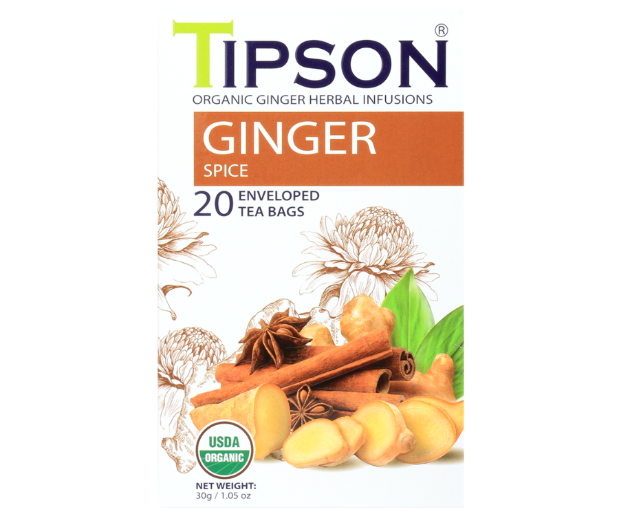 Tipson Ginger Spice – organiczna mieszanka rumianku, trawy cytrynowej, imbiru, cynamonu, czarnego pieprzu i goździków. Kopertowane saszetki zostały umieszczone w opakowaniu ozdobionym grafiką kwiatów i orientalnych przypraw.