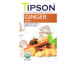 Tipson Ginger Spice – organiczna mieszanka rumianku, trawy cytrynowej, imbiru, cynamonu, czarnego pieprzu i goździków. Kopertowane saszetki zostały umieszczone w opakowaniu ozdobionym grafiką kwiatów i orientalnych przypraw.