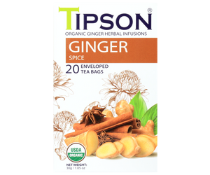 Tipson Ginger Spice – organiczna mieszanka rumianku, trawy cytrynowej, imbiru, cynamonu, czarnego pieprzu i goździków. Kopertowane saszetki zostały umieszczone w opakowaniu ozdobionym grafiką kwiatów i orientalnych przypraw.