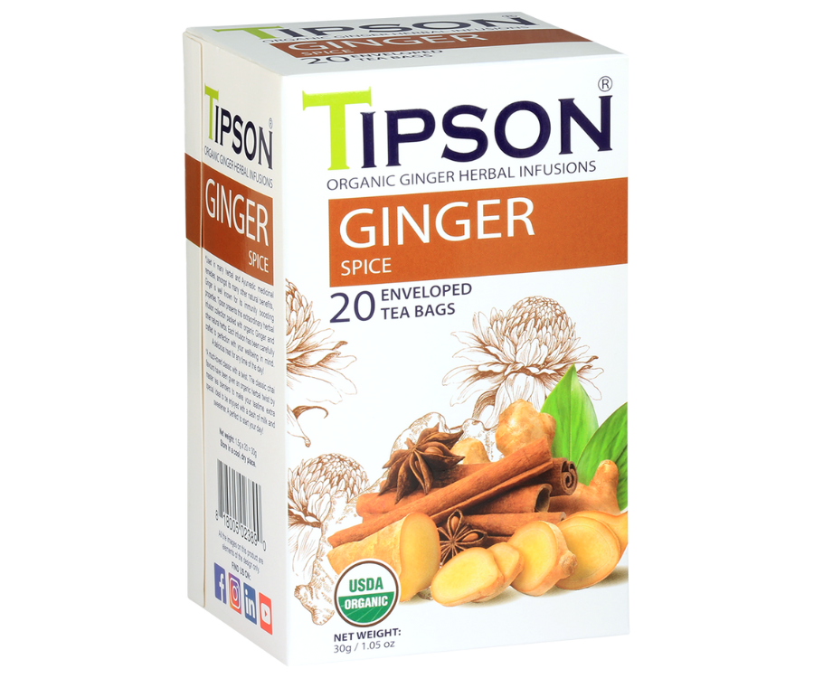 Tipson Ginger Spice – organiczna mieszanka rumianku, trawy cytrynowej, imbiru, cynamonu, czarnego pieprzu i goździków. Kopertowane saszetki zostały umieszczone w opakowaniu ozdobionym grafiką kwiatów i orientalnych przypraw.