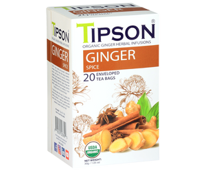 Tipson Ginger Spice – organiczna mieszanka rumianku, trawy cytrynowej, imbiru, cynamonu, czarnego pieprzu i goździków. Kopertowane saszetki zostały umieszczone w opakowaniu ozdobionym grafiką kwiatów i orientalnych przypraw.