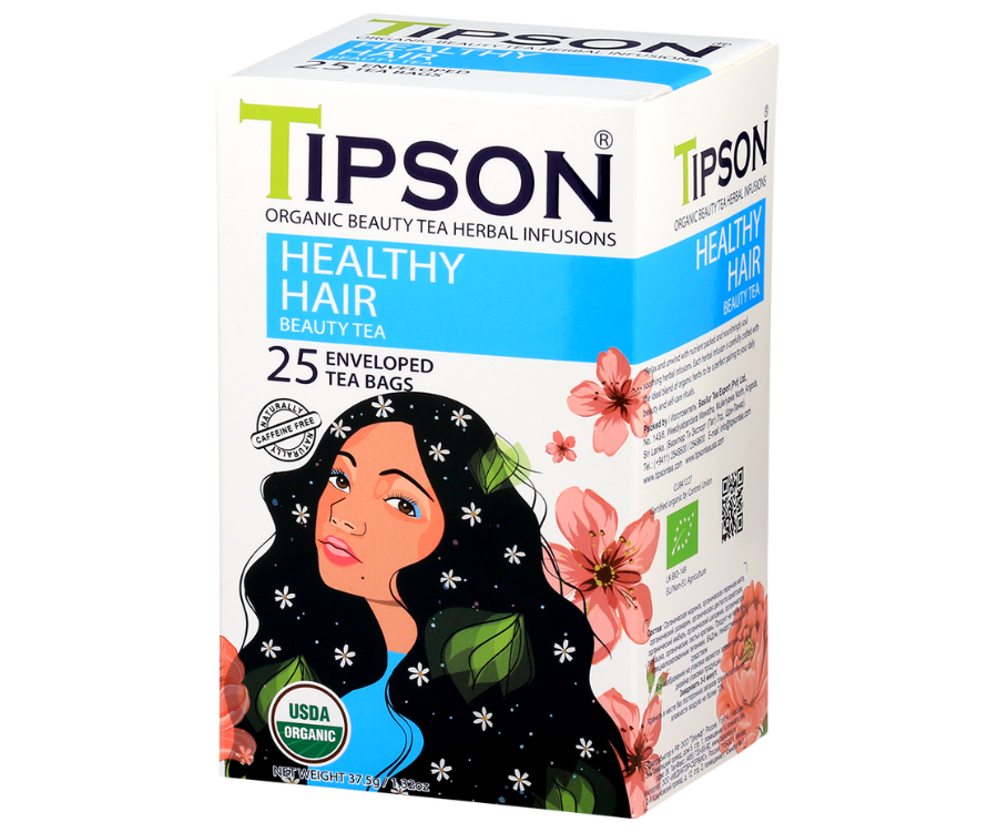 Tipson Healthy Hair – organiczna mieszanka moringi, mięty pieprzowej, rozmarynu, wąkroty azjatyckiej (gotu kola), imbiru, dzikiej róży, rumianku i liści pokrzywy na wzmocnienie i odżywienie włosów. Kopertowane saszetki zostały umieszczone w ozdobnym opakowaniu.