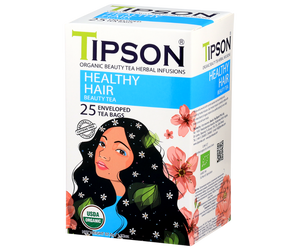 Tipson Healthy Hair – organiczna mieszanka moringi, mięty pieprzowej, rozmarynu, wąkroty azjatyckiej (gotu kola), imbiru, dzikiej róży, rumianku i liści pokrzywy na wzmocnienie i odżywienie włosów. Kopertowane saszetki zostały umieszczone w ozdobnym opakowaniu.