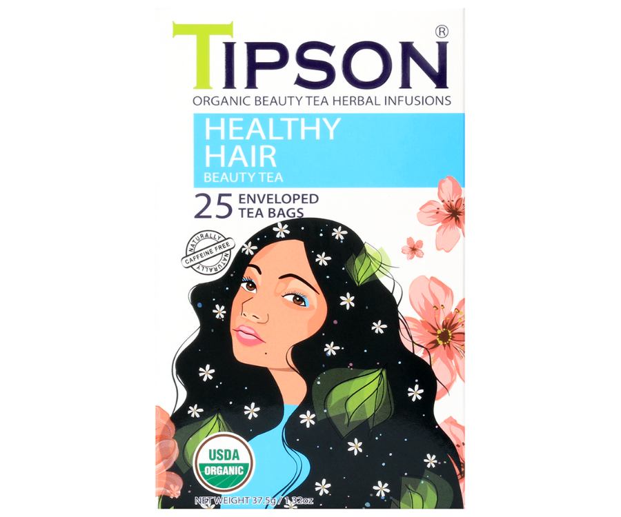 Tipson Healthy Hair – organiczna mieszanka moringi, mięty pieprzowej, rozmarynu, wąkroty azjatyckiej (gotu kola), imbiru, dzikiej róży, rumianku i liści pokrzywy na wzmocnienie i odżywienie włosów. Kopertowane saszetki zostały umieszczone w ozdobnym opakowaniu.