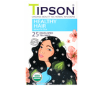 Tipson Healthy Hair – organiczna mieszanka moringi, mięty pieprzowej, rozmarynu, wąkroty azjatyckiej (gotu kola), imbiru, dzikiej róży, rumianku i liści pokrzywy na wzmocnienie i odżywienie włosów. Kopertowane saszetki zostały umieszczone w ozdobnym opakowaniu.