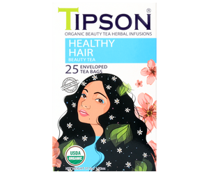 Tipson Healthy Hair – organiczna mieszanka moringi, mięty pieprzowej, rozmarynu, wąkroty azjatyckiej (gotu kola), imbiru, dzikiej róży, rumianku i liści pokrzywy na wzmocnienie i odżywienie włosów. Kopertowane saszetki zostały umieszczone w ozdobnym opakowaniu.