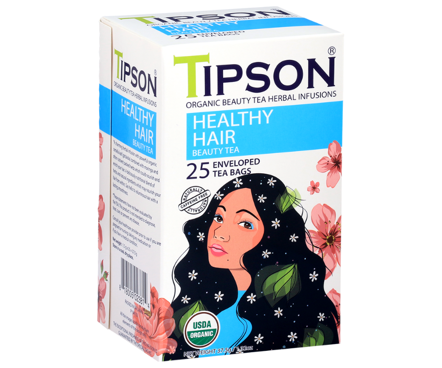 Tipson Healthy Hair – organiczna mieszanka moringi, mięty pieprzowej, rozmarynu, wąkroty azjatyckiej (gotu kola), imbiru, dzikiej róży, rumianku i liści pokrzywy na wzmocnienie i odżywienie włosów. Kopertowane saszetki zostały umieszczone w ozdobnym opakowaniu.