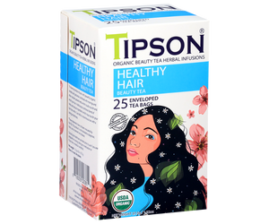 Tipson Healthy Hair – organiczna mieszanka moringi, mięty pieprzowej, rozmarynu, wąkroty azjatyckiej (gotu kola), imbiru, dzikiej róży, rumianku i liści pokrzywy na wzmocnienie i odżywienie włosów. Kopertowane saszetki zostały umieszczone w ozdobnym opakowaniu.