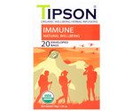 Tipson Immune – organiczna mieszanka z mięty pieprzowej, dzikiej róży, kopru włoskiego, trawy cytrynowej, rooibosa i lukrecji. Kopertowane saszetki zostały umieszczone w opakowaniu ozdobionym grafiką grupki ludzi spędzających czas na górskiej wędrówce.