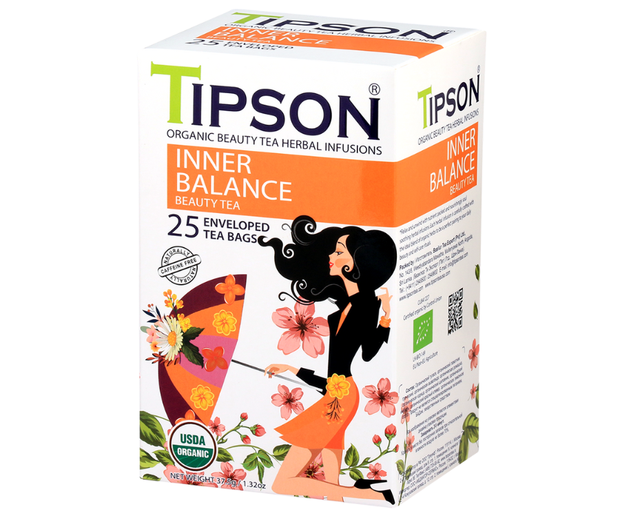 Tipson Inner Balance – organiczna mieszanka ziela tulsi, kozieradki, ashwagandhy, rumianku, cynamonu, dzikiej róży, imbiru, koniczyny oraz trawy cytrynowej na wyrównanie poziomu hormonów, stres i zmęczenie. Kopertowane saszetki zostały umieszczone w ozdobnym opakowaniu.