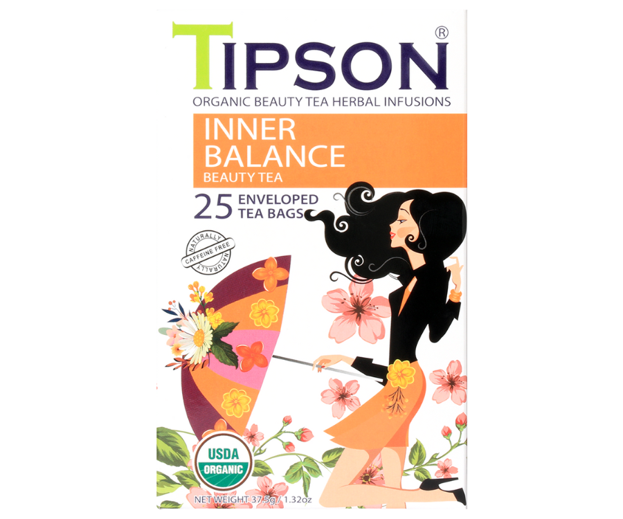 Tipson Inner Balance – organiczna mieszanka ziela tulsi, kozieradki, ashwagandhy, rumianku, cynamonu, dzikiej róży, imbiru, koniczyny oraz trawy cytrynowej na wyrównanie poziomu hormonów, stres i zmęczenie. Kopertowane saszetki zostały umieszczone w ozdobnym opakowaniu.