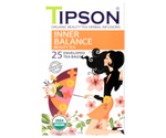 Tipson Inner Balance – organiczna mieszanka ziela tulsi, kozieradki, ashwagandhy, rumianku, cynamonu, dzikiej róży, imbiru, koniczyny oraz trawy cytrynowej na wyrównanie poziomu hormonów, stres i zmęczenie. Kopertowane saszetki zostały umieszczone w ozdobnym opakowaniu.