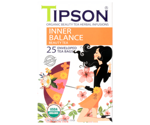 Tipson Inner Balance – organiczna mieszanka ziela tulsi, kozieradki, ashwagandhy, rumianku, cynamonu, dzikiej róży, imbiru, koniczyny oraz trawy cytrynowej na wyrównanie poziomu hormonów, stres i zmęczenie. Kopertowane saszetki zostały umieszczone w ozdobnym opakowaniu.