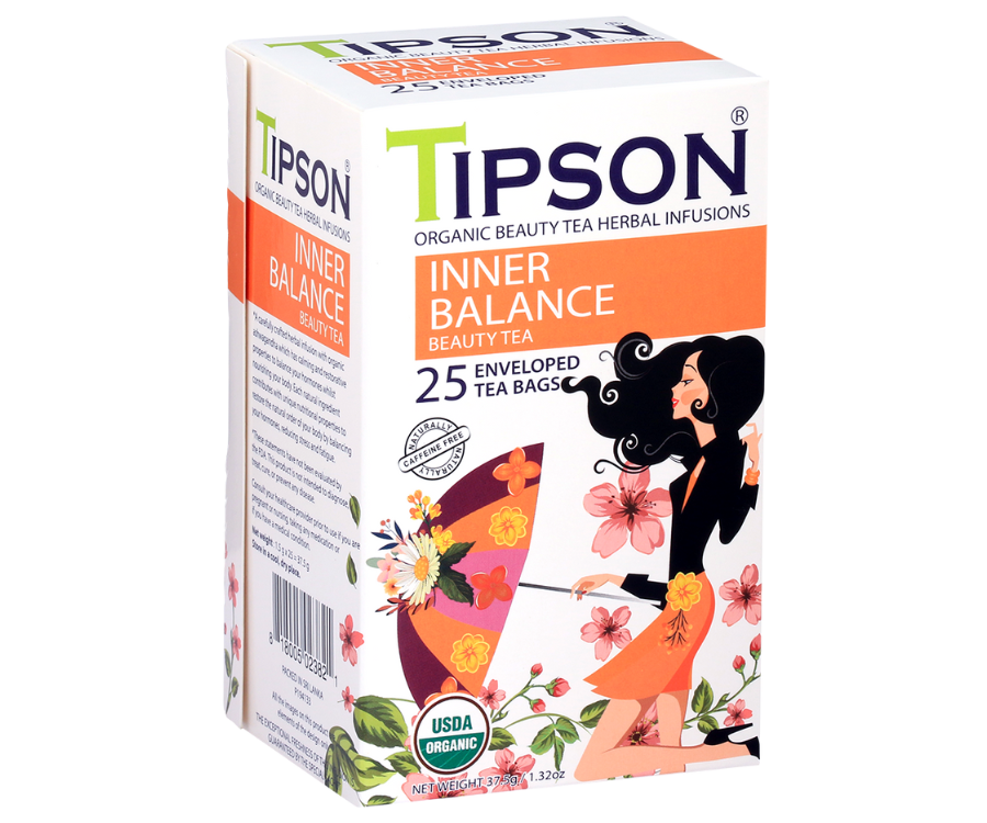 Tipson Inner Balance – organiczna mieszanka ziela tulsi, kozieradki, ashwagandhy, rumianku, cynamonu, dzikiej róży, imbiru, koniczyny oraz trawy cytrynowej na wyrównanie poziomu hormonów, stres i zmęczenie. Kopertowane saszetki zostały umieszczone w ozdobnym opakowaniu.