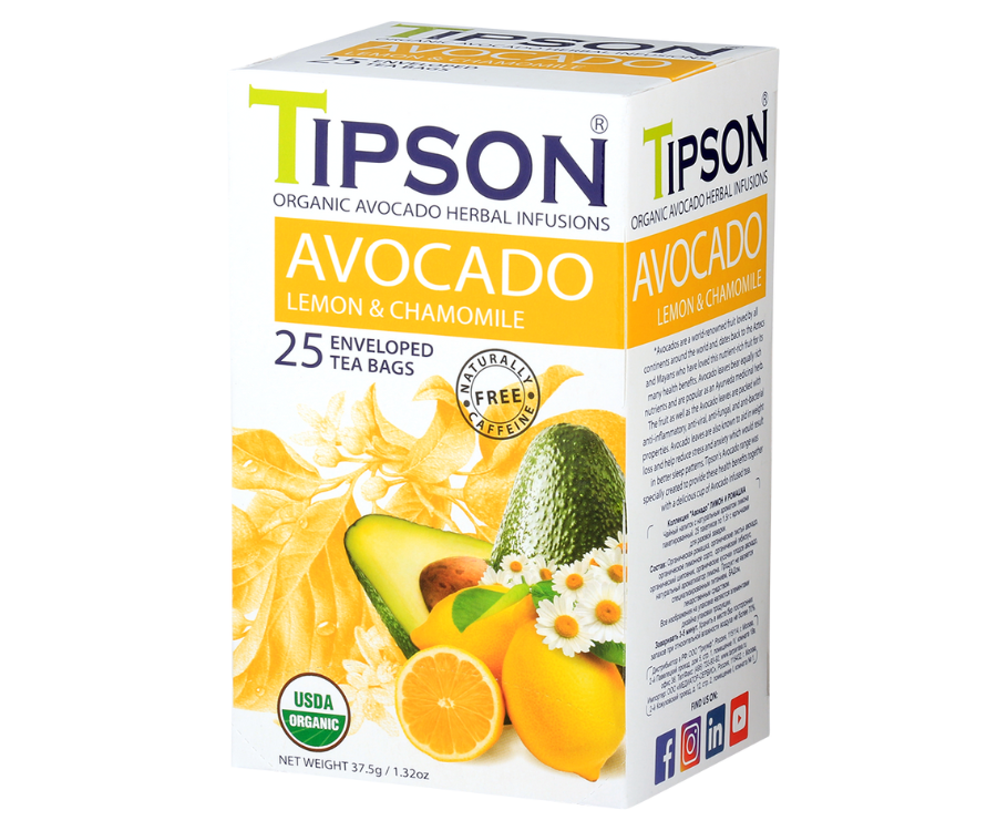 Tipson Avocado Lemon & Chamomile – organiczna mieszanka rumianku, liści awokado, trawy cytrynowej, hibiskusa, owocu dzikiej róży, awokado oraz naturalnego aromatu cytryny. Kopertowane saszetki zostały umieszczone w opakowaniu ozdobionym grafiką liści, owoców, kwiatów i cytrusów.