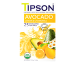 Tipson Avocado Lemon & Chamomile – organiczna mieszanka rumianku, liści awokado, trawy cytrynowej, hibiskusa, owocu dzikiej róży, awokado oraz naturalnego aromatu cytryny. Kopertowane saszetki zostały umieszczone w opakowaniu ozdobionym grafiką liści, owoców, kwiatów i cytrusów.