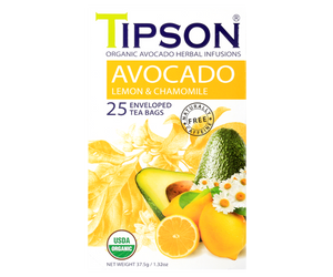 Tipson Avocado Lemon & Chamomile – organiczna mieszanka rumianku, liści awokado, trawy cytrynowej, hibiskusa, owocu dzikiej róży, awokado oraz naturalnego aromatu cytryny. Kopertowane saszetki zostały umieszczone w opakowaniu ozdobionym grafiką liści, owoców, kwiatów i cytrusów.