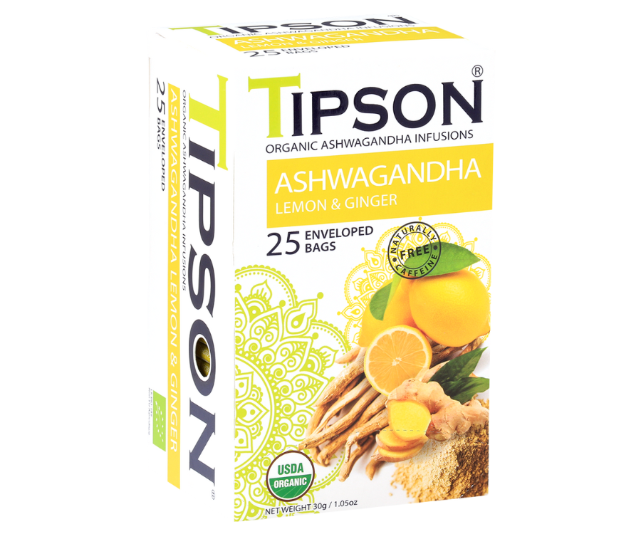 Tipson Ashwagandha Lemon & Ginger – organiczna mieszanka rumianku, ashwagandhy, trawy cytrynowej, imbiru, werbeny cytrynowej oraz aromatu cytryny. Kopertowane saszetki zostały umieszczone w opakowaniu ozdobionym grafiką cytrusów i przypraw.