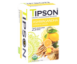 Tipson Ashwagandha Lemon & Ginger – organiczna mieszanka rumianku, ashwagandhy, trawy cytrynowej, imbiru, werbeny cytrynowej oraz aromatu cytryny. Kopertowane saszetki zostały umieszczone w opakowaniu ozdobionym grafiką cytrusów i przypraw.