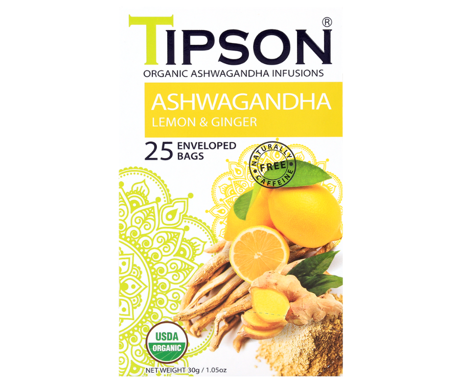 Tipson Ashwagandha Lemon & Ginger – organiczna mieszanka rumianku, ashwagandhy, trawy cytrynowej, imbiru, werbeny cytrynowej oraz aromatu cytryny. Kopertowane saszetki zostały umieszczone w opakowaniu ozdobionym grafiką cytrusów i przypraw.