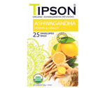 Tipson Ashwagandha Lemon & Ginger – organiczna mieszanka rumianku, ashwagandhy, trawy cytrynowej, imbiru, werbeny cytrynowej oraz aromatu cytryny. Kopertowane saszetki zostały umieszczone w opakowaniu ozdobionym grafiką cytrusów i przypraw.