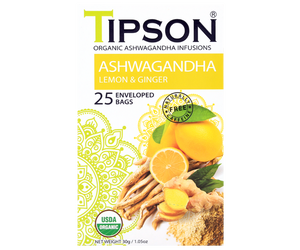 Tipson Ashwagandha Lemon & Ginger – organiczna mieszanka rumianku, ashwagandhy, trawy cytrynowej, imbiru, werbeny cytrynowej oraz aromatu cytryny. Kopertowane saszetki zostały umieszczone w opakowaniu ozdobionym grafiką cytrusów i przypraw.