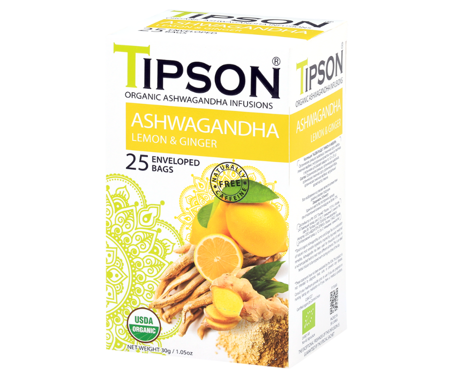 Tipson Ashwagandha Lemon & Ginger – organiczna mieszanka rumianku, ashwagandhy, trawy cytrynowej, imbiru, werbeny cytrynowej oraz aromatu cytryny. Kopertowane saszetki zostały umieszczone w opakowaniu ozdobionym grafiką cytrusów i przypraw.