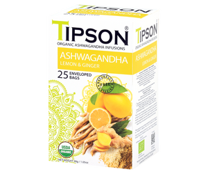 Tipson Ashwagandha Lemon & Ginger – organiczna mieszanka rumianku, ashwagandhy, trawy cytrynowej, imbiru, werbeny cytrynowej oraz aromatu cytryny. Kopertowane saszetki zostały umieszczone w opakowaniu ozdobionym grafiką cytrusów i przypraw.