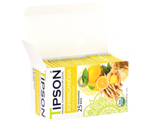 Tipson Ashwagandha Lemon & Ginger – organiczna mieszanka rumianku, ashwagandhy, trawy cytrynowej, imbiru, werbeny cytrynowej oraz aromatu cytryny. Kopertowane saszetki zostały umieszczone w opakowaniu ozdobionym grafiką cytrusów i przypraw.