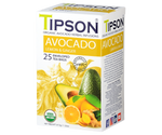 Tipson Avocado Lemon & Ginger – organiczna mieszanka trawy cytrynowej, liści awokado, imbiru, rozmarynu, hibiskusa, owoców dzikiej róży, awokado oraz naturalnego aromatu cytryny. Kopertowane saszetki zostały umieszczone w opakowaniu ozdobionym grafiką liści, owoców, przypraw i cytrusów.