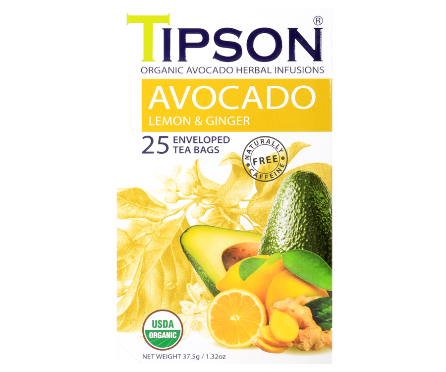 Tipson Avocado Lemon & Ginger – organiczna mieszanka trawy cytrynowej, liści awokado, imbiru, rozmarynu, hibiskusa, owoców dzikiej róży, awokado oraz naturalnego aromatu cytryny. Kopertowane saszetki zostały umieszczone w opakowaniu ozdobionym grafiką liści, owoców, przypraw i cytrusów.