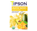 Tipson Avocado Lemon & Ginger – organiczna mieszanka trawy cytrynowej, liści awokado, imbiru, rozmarynu, hibiskusa, owoców dzikiej róży, awokado oraz naturalnego aromatu cytryny. Kopertowane saszetki zostały umieszczone w opakowaniu ozdobionym grafiką liści, owoców, przypraw i cytrusów.