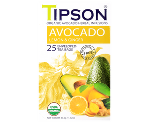 Tipson Avocado Lemon & Ginger – organiczna mieszanka trawy cytrynowej, liści awokado, imbiru, rozmarynu, hibiskusa, owoców dzikiej róży, awokado oraz naturalnego aromatu cytryny. Kopertowane saszetki zostały umieszczone w opakowaniu ozdobionym grafiką liści, owoców, przypraw i cytrusów.