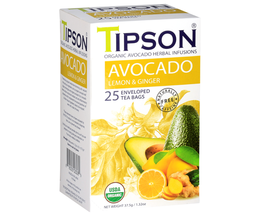 Tipson Avocado Lemon & Ginger – organiczna mieszanka trawy cytrynowej, liści awokado, imbiru, rozmarynu, hibiskusa, owoców dzikiej róży, awokado oraz naturalnego aromatu cytryny. Kopertowane saszetki zostały umieszczone w opakowaniu ozdobionym grafiką liści, owoców, przypraw i cytrusów.