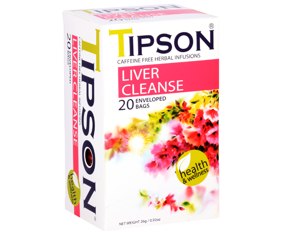 Tipson Liver Cleanse – ziołowa mieszanka mięty pieprzowej, mniszka, kolendry, kopru włoskiego, liści curry i kurkumy na oczyszczenie i przywrócenie prawidłowego funkcjonowania wątroby. Kopertowane saszetki zostały umieszczone w ozdobnym opakowaniu z kwiatowym motywem.